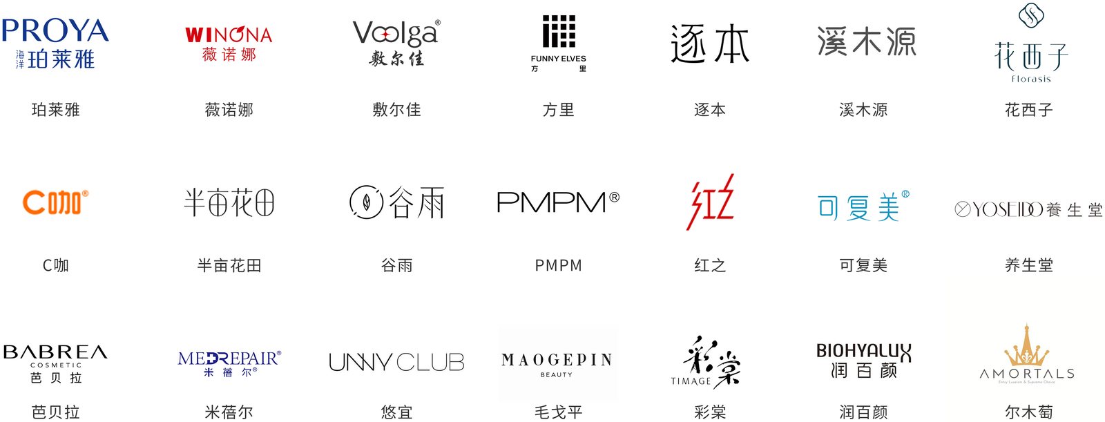 国货头部品牌墙：珀莱雅、薇诺娜、自然堂、韩束、毛戈平等
